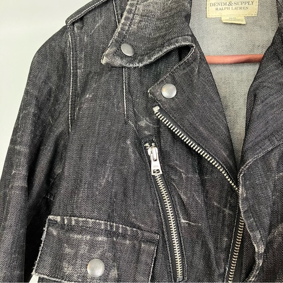 Ralph Lauren Moto Jean Jacket in Distressed Black Denim w/ Zipper Pockets XS - Picture 6 of 16